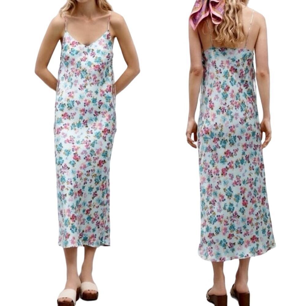 ZARA Romantic Floral Print Midi Side-Tie Satin Slip Dress